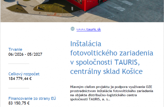 Inštalácia fotovoltického zariadenia v spoločnosti TAURIS, centrálny sklad Košice