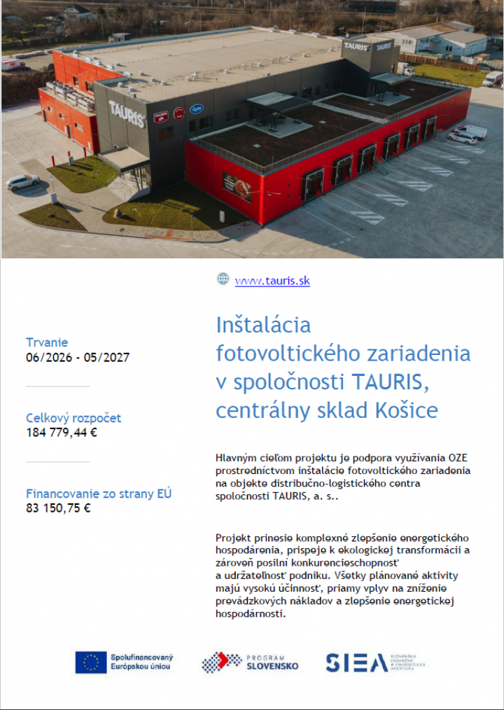 Inštalácia fotovoltického zariadenia v spoločnosti TAURIS, centrálny sklad Košice